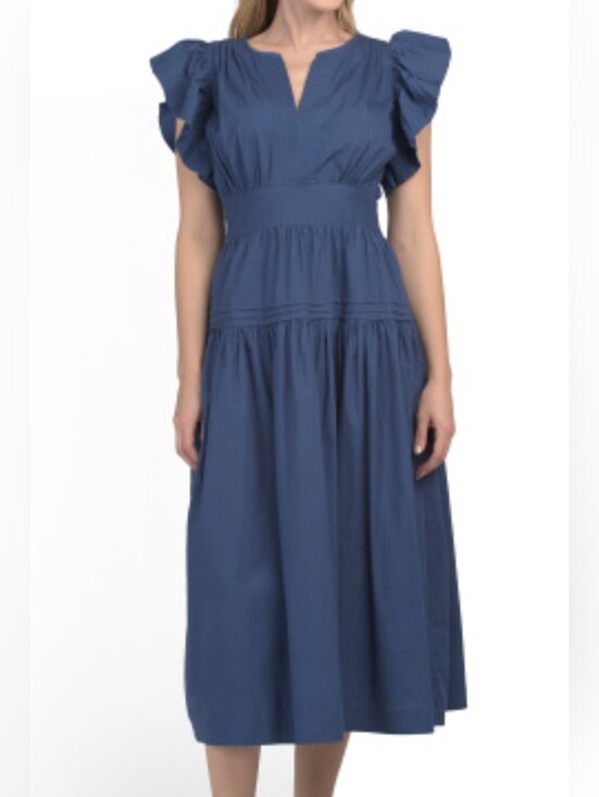 "LEA" Dresses & Skirts - NWT - LEA Cotton Poplin Flutter Sleeve Split Neck Smocked Back Midi Dress-Size M